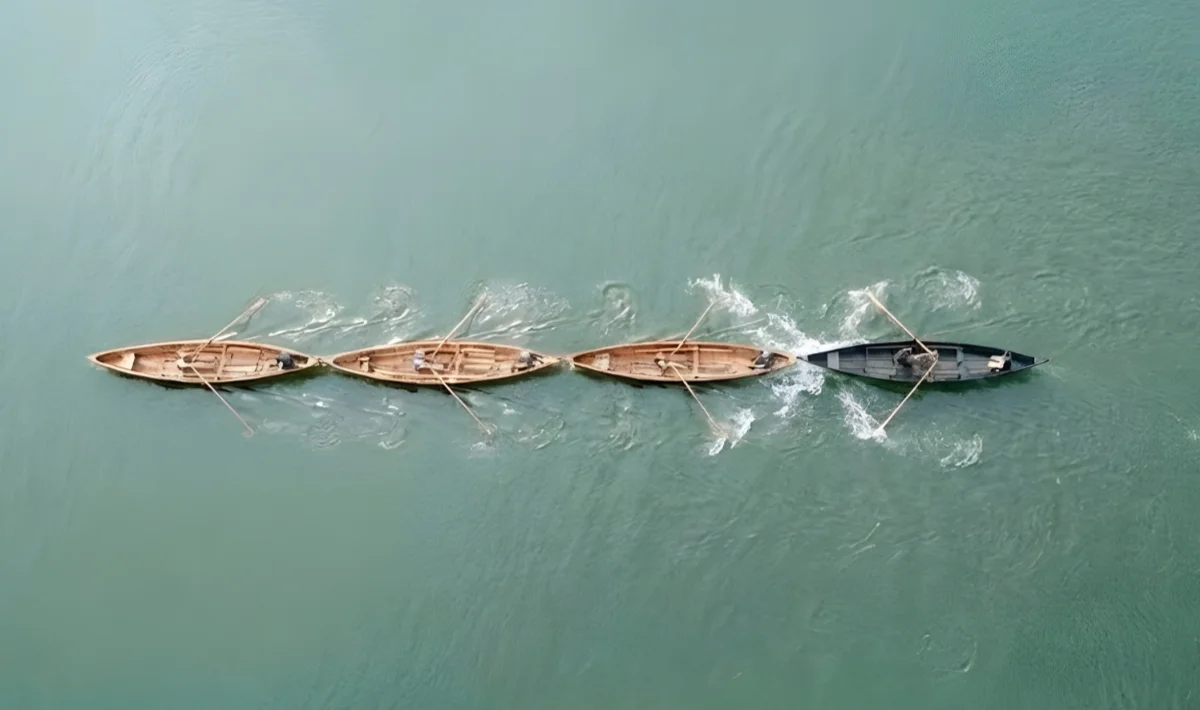 Team rowing boat from above